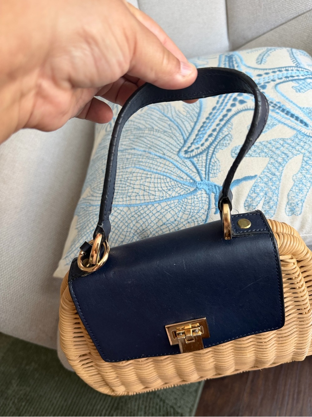 Woven Rattan Crossbody Bag with Blue Leather like Flap - Picture 8 of 8